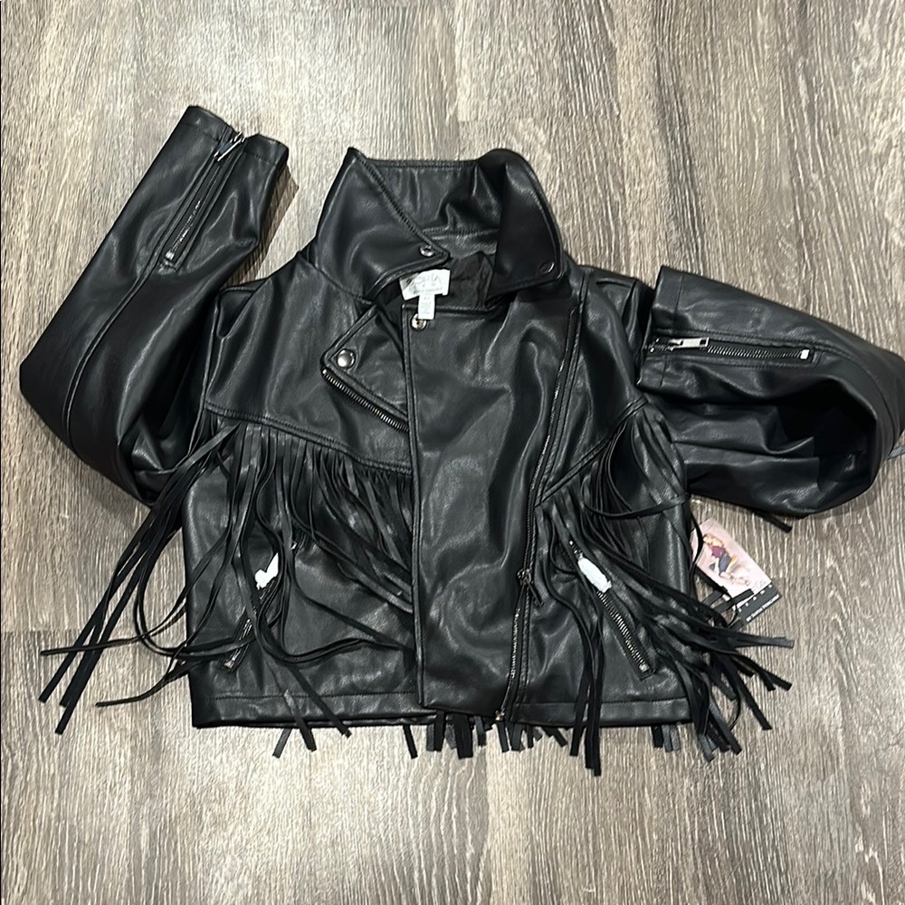Sofia Vergara Black Fringe Leather Jacket NWT